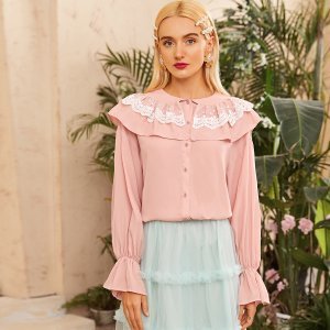 Embroidered Mesh Ruffle Trim Bell Sleeve Blouse