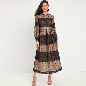 Embroidered Mesh Scallop Trim Sheer Dress
