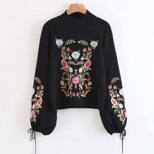 Shein - Embroidery drawstring balloon sleeve sweater