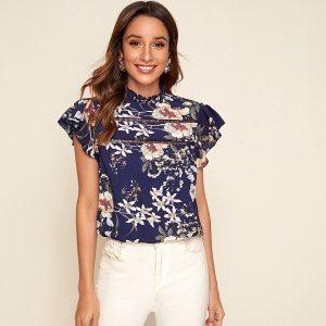 Eyelet Lace Insert Ruffle Trim Floral Top