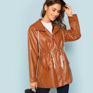 Faux Leather Waist Drawstring Button & Pocket Up Coat