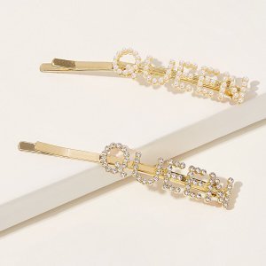 Faux Pearl & Rhinestone Engraved Letter Hairpin 2pcs