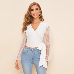 Flocked Mesh Lantern Sleeve Wrap Knotted Top