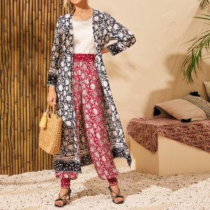 Floral And Tribal Print Open Front Outwear