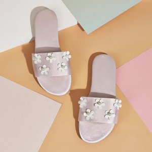 Floral Applique & Faux Pearl Decor Open Toe Sliders