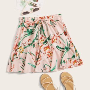 Floral Drawstring Waist A-line Skirt