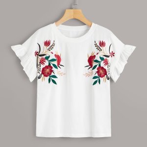 Floral Embroidered Frill Trim Tee