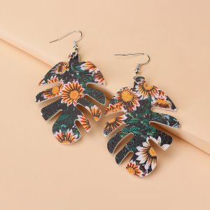 Shein - Floral pattern leaf drop earrings