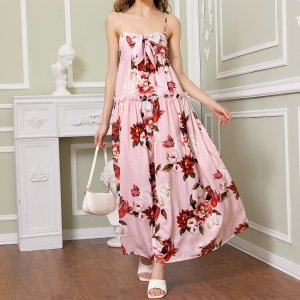 Floral Print Bow Front Shirred Back Cami Dress