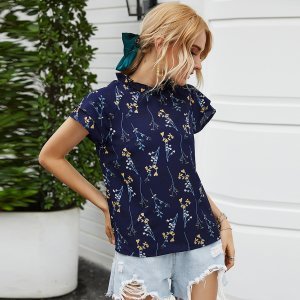 Floral Print Frill Buttoned Keyhole Blouse