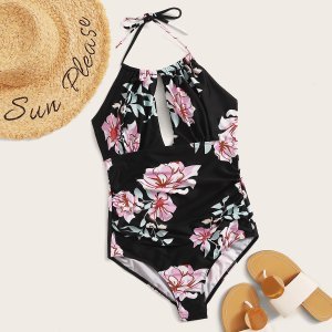 Floral Print Halter One Piece Swimwear
