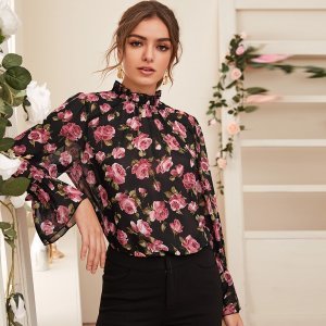 Shein - Floral print mock neck blouse