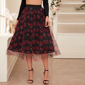 Shein - Floral print overlay mesh skirt