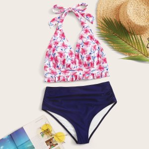 Shein - Floral random print halter top with high waist bikini set