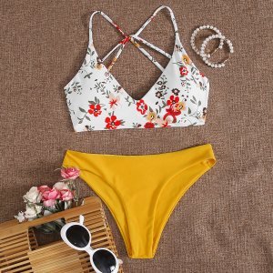 Shein - Floral strappy back bikini swimsuit
