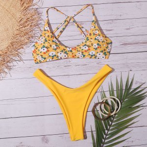 Shein - Floral strappy back high leg bikini swimsuit
