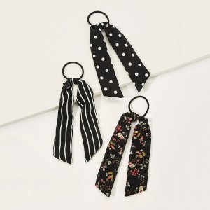 Floral & Striped Long Tailed Ponytail Holder 3pack