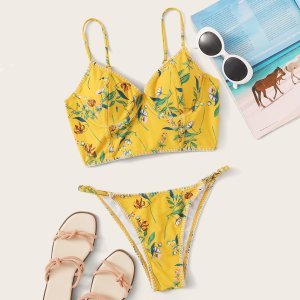 Floral Underwire Triangle Thong Bikini Swimsuit