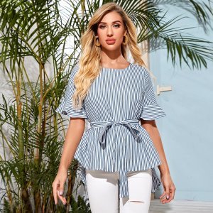 Flounce Sleeve High Low Hem Striped Belted Top