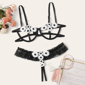 Shein - Flower appliques underwire lingerie set