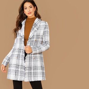 Frayed Trim Double Breasted Plaid Tweed Coat