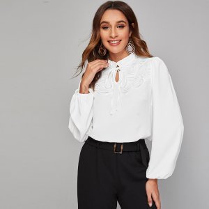 Shein - Frill tie neck lantern sleeve lace detail blouse
