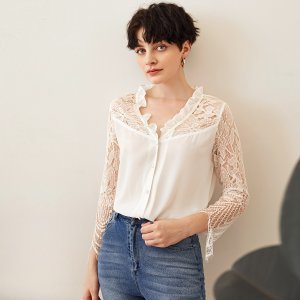 Shein - Frill trim lace yoke & sleeve blouse