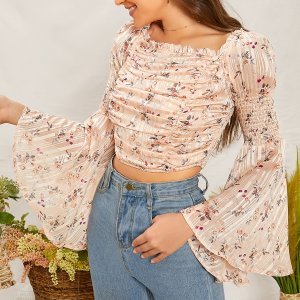 Frill Trim Shirred Back Flounce Sleeve Ruched Floral Top