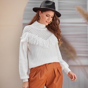 Fringe Trim Pointelle & Cable Knit Sweater