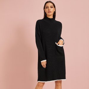 Funnel Neck Drop Shoulder Contrast Trim Sweater Dress