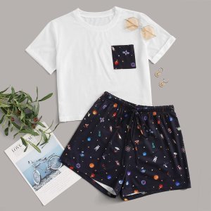 Galaxy Print Tee & Drawstring Shorts