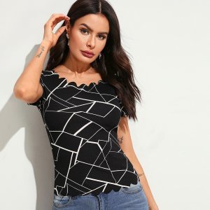 Geo Print Scallop Edge Fitted Top