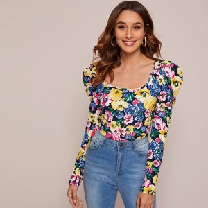 Shein - Gigot sleeve floral print fitted tee