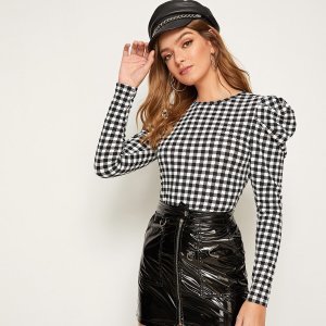 Gigot Sleeve Gingham Fitted Blouse
