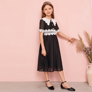 Girls Collared Lace Trim Buttoned Front Pleated Mesh Dress