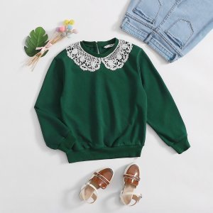 Girls Contrast Guipure Lace Peter-pan-collar Keyhole Back Pullover