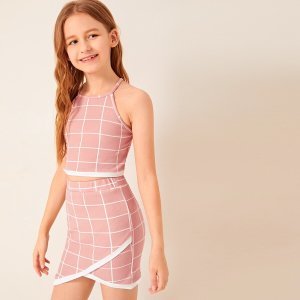 Shein - Girls contrast trim grid halter top and wrap skirt set