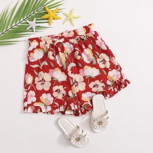 Girls Elastic Waist Frill Hem All-over Floral Print Shorts