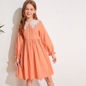 Girls Eyelet Embroidered Collar Bell Cuff Smock Dress