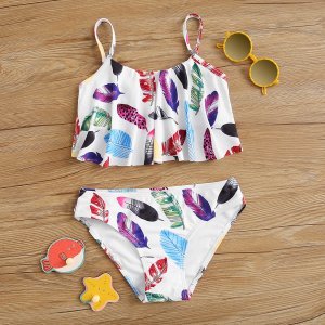 Girls Feather Print Flounce Bikini Swimsuit