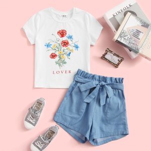 Girls Floral & Letter Tee and Paperbag Waist Shorts Set