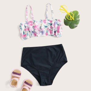 Girls Floral Tiered Layer High Waisted Bikini Swimsuit