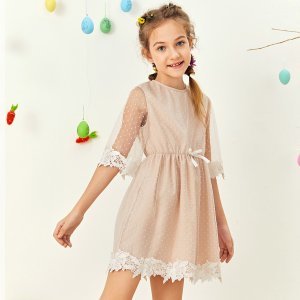 Girls Guipure Lace Applique Tie Front Dobby Mesh Overlay Dress