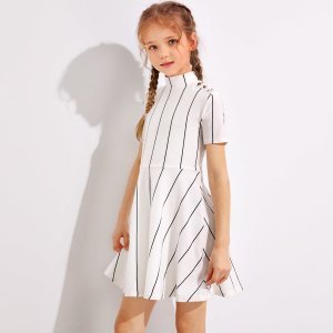 Shein - Girls high neck buttoned shoulder striped dress