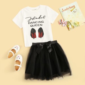 Girls Letter Graphic Top & Tutu Skirt Set