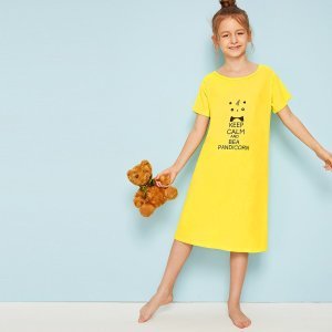 Girls Neon Yellow Panda & Letter Print Night Dress