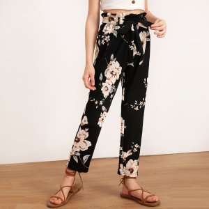 Shein - Girls paperbag waist belted floral print pants