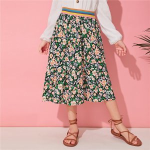Shein - Girls rainbow striped waistband floral print skirt