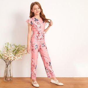 Girls Ruffle Armhole Floral Print Belted Jumpsuit