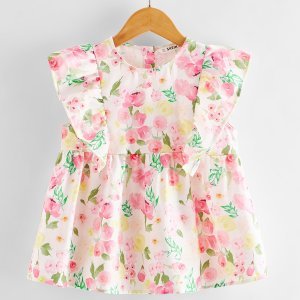 Girls Ruffle Armhole Floral Print Smock Top